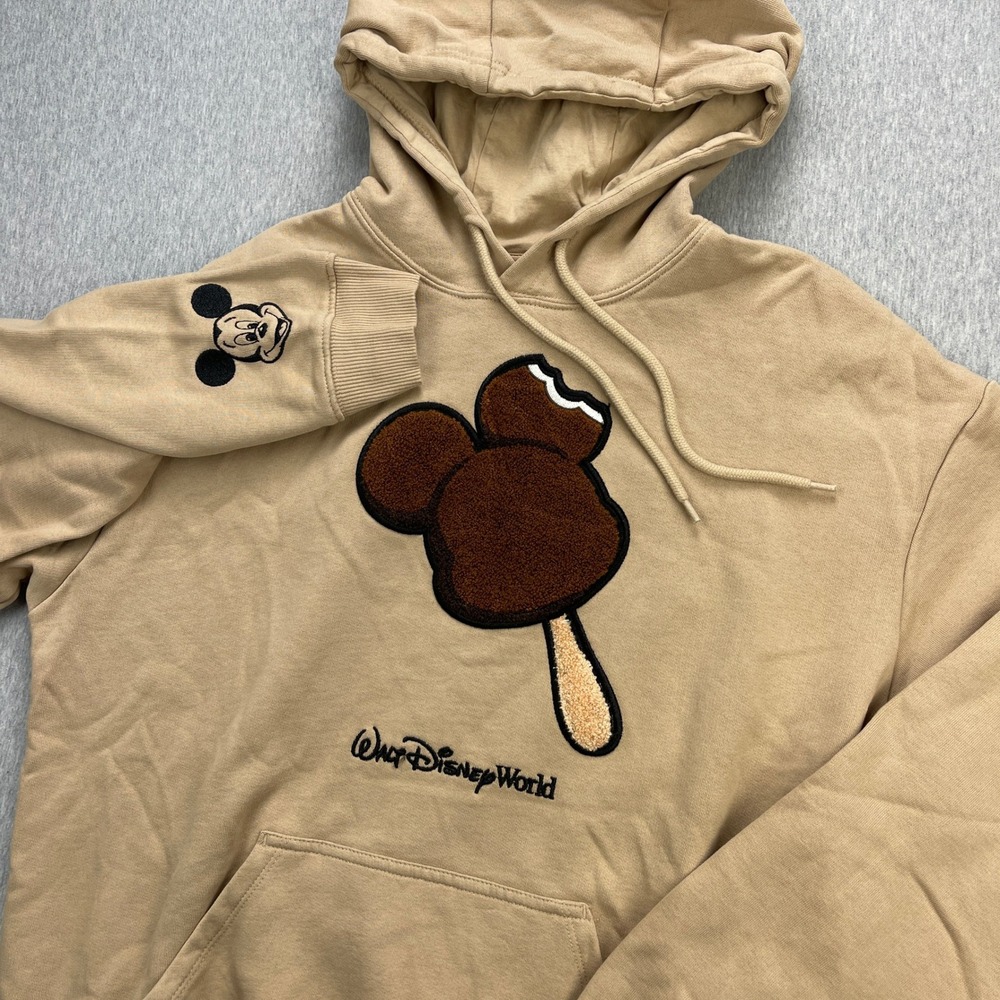 Walt Disney World Mickey Ice Cream Bar Hoodie Mens Medium Tan Chenille Patch EUC
